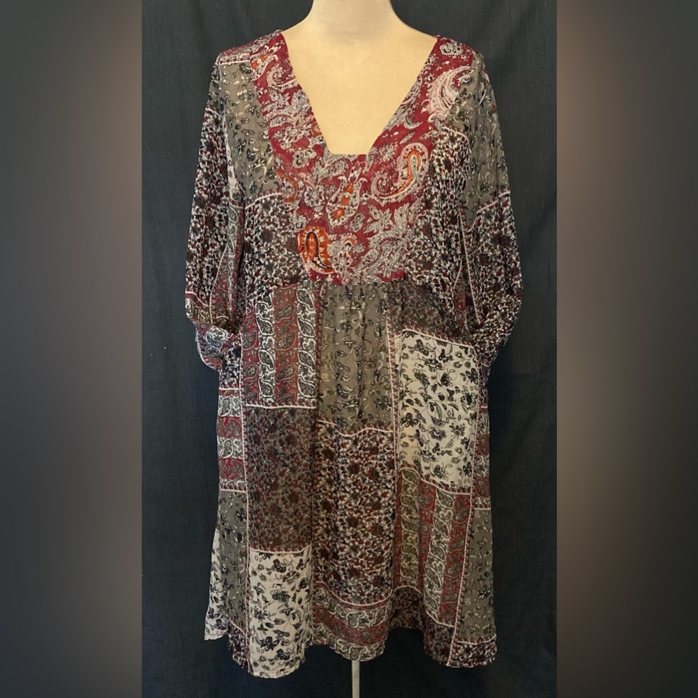 Simply Noelle Sheer Paisley + Patchwork Boho Dress with 3/4 sleeves + Pockets